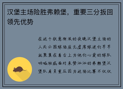 汉堡主场险胜弗赖堡，重要三分扳回领先优势