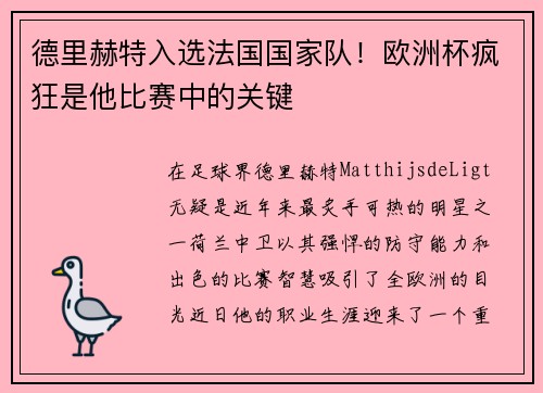 德里赫特入选法国国家队！欧洲杯疯狂是他比赛中的关键