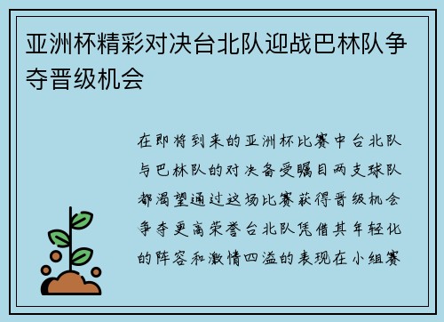 亚洲杯精彩对决台北队迎战巴林队争夺晋级机会